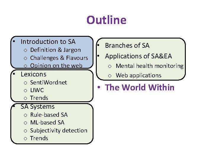 Outline • Introduction to SA o Definition & Jargon o Challenges & Flavours o