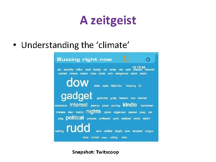 A zeitgeist • Understanding the ‘climate’ Snapshot: Twitscoop 