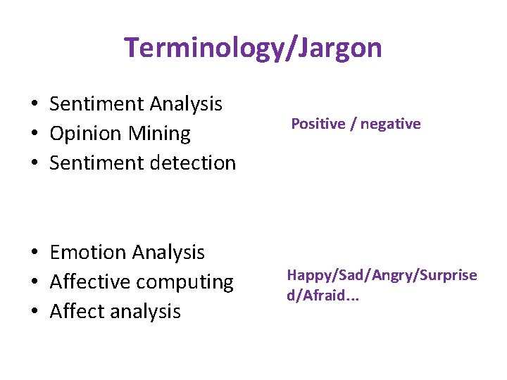 Terminology/Jargon • Sentiment Analysis • Opinion Mining • Sentiment detection • Emotion Analysis •