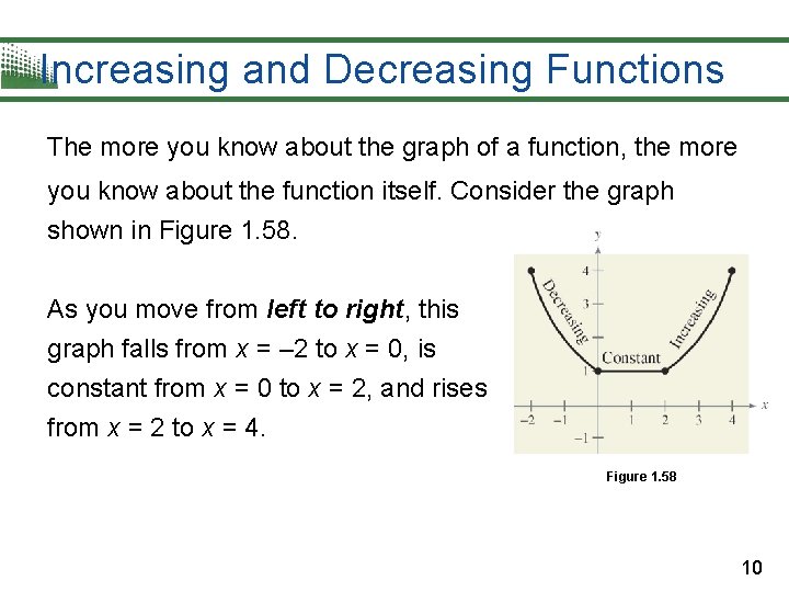 Increasing and Decreasing Functions The more you know about the graph of a function,