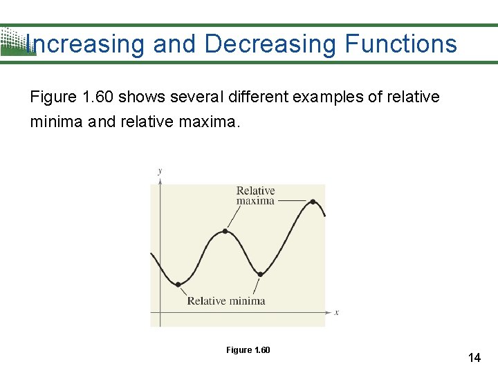 Increasing and Decreasing Functions Figure 1. 60 shows several different examples of relative minima