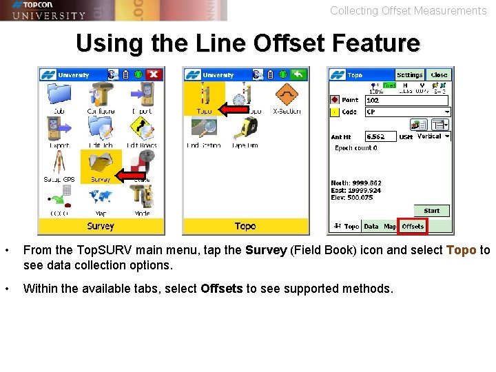 Collecting Offset Measurements Using the Line Offset Feature • From the Top. SURV main