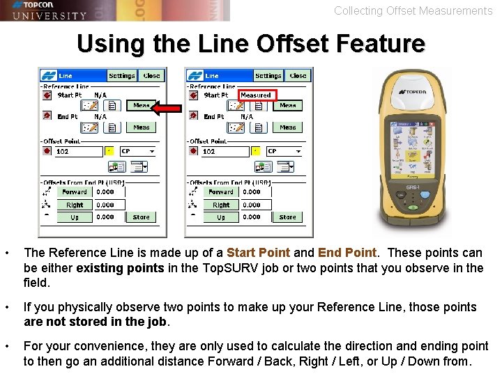 Collecting Offset Measurements Using the Line Offset Feature • The Reference Line is made