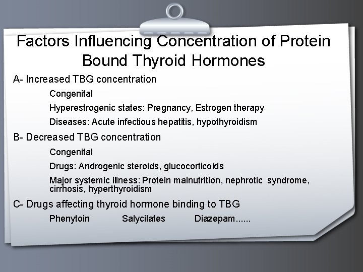 Factors Influencing Concentration of Protein Bound Thyroid Hormones A- Increased TBG concentration Congenital Hyperestrogenic