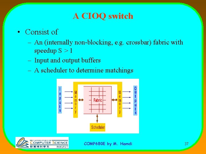 A CIOQ switch • Consist of – An (internally non-blocking, e. g. crossbar) fabric