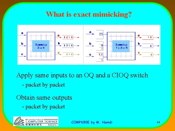 What is exact mimicking? Apply same inputs to an OQ and a CIOQ switch