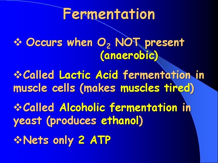 Fermentation v Occurs when O 2 NOT present (anaerobic) v. Called Lactic Acid fermentation
