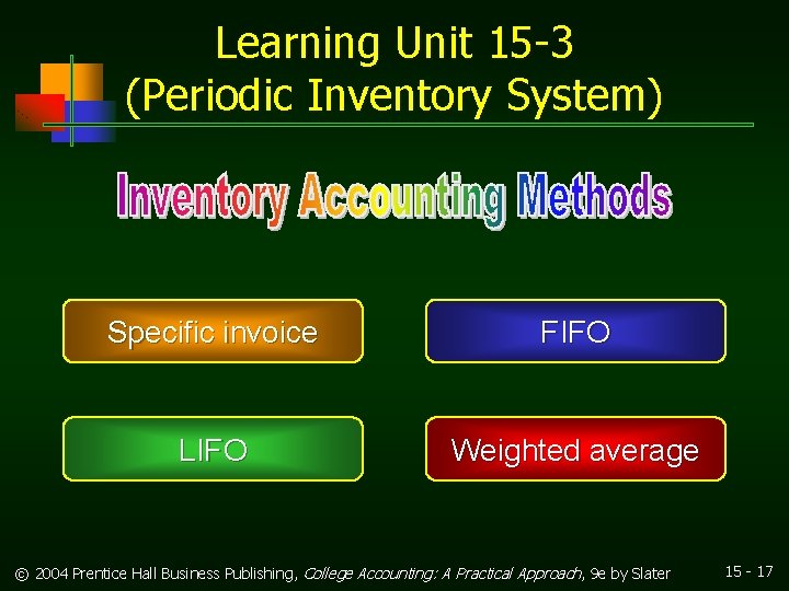 Learning Unit 15 -3 (Periodic Inventory System) Specific invoice FIFO LIFO Weighted average ©