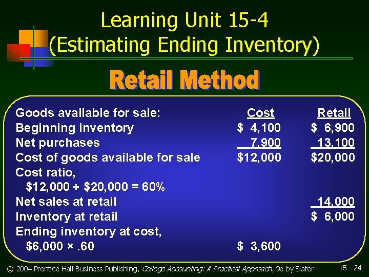 Learning Unit 15 -4 (Estimating Ending Inventory) Goods available for sale: Beginning inventory Net