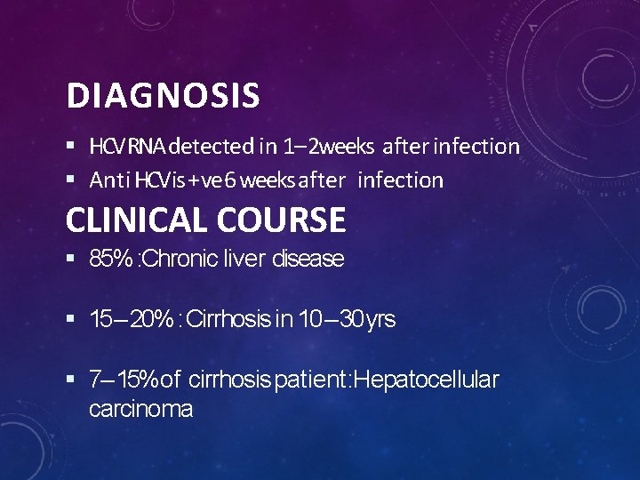 DIAGNOSIS HCVRNA detected in 1– 2 weeks after infection Anti HCVis + ve 6