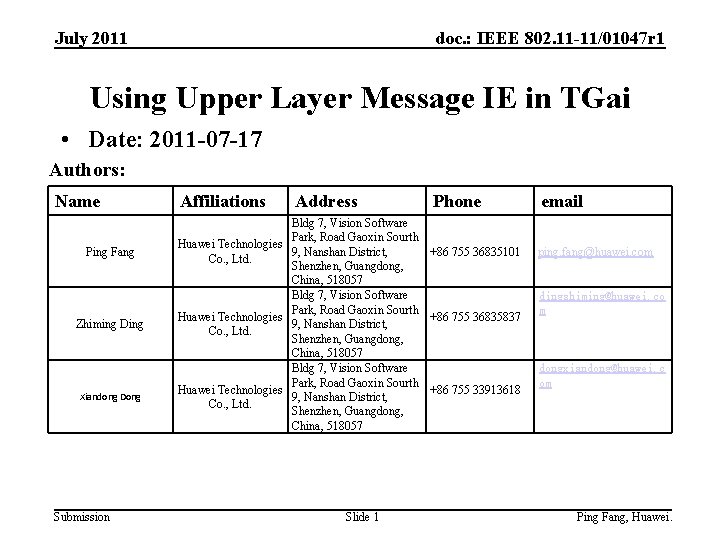 July 2011 doc. : IEEE 802. 11 -11/01047 r 1 Using Upper Layer Message