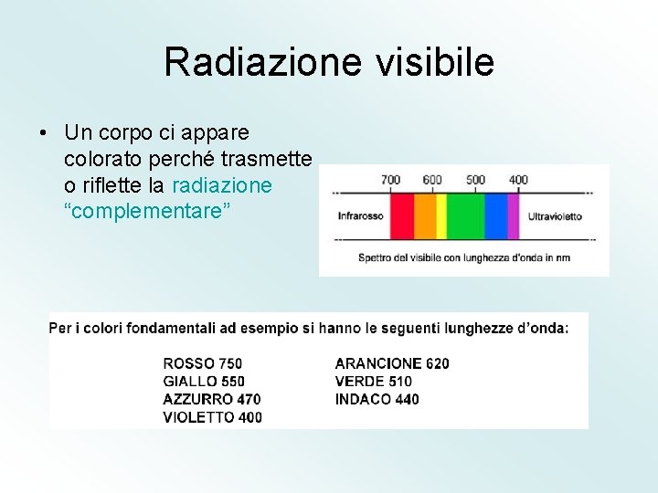 Radiazione visibile • Un corpo ci appare colorato perché trasmette o riflette la radiazione