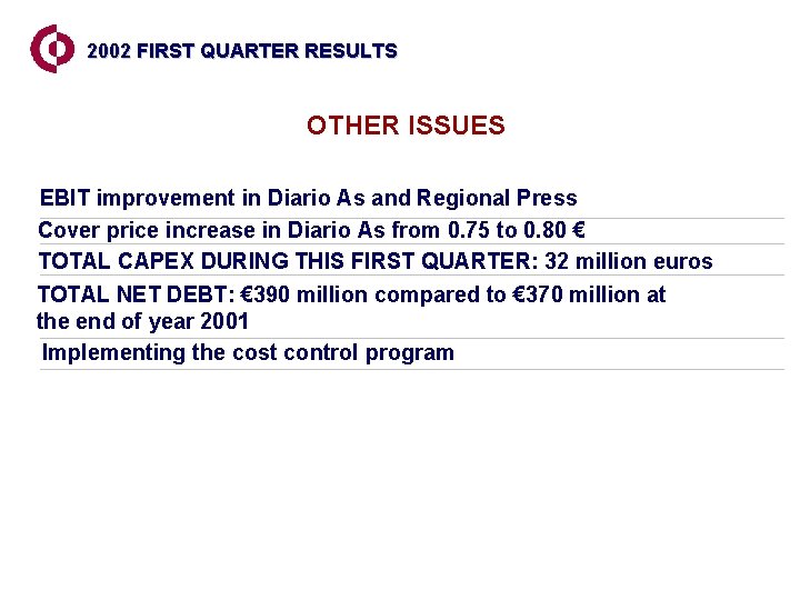 2002 FIRST QUARTER RESULTS OTHER ISSUES EBIT improvement in Diario As and Regional Press