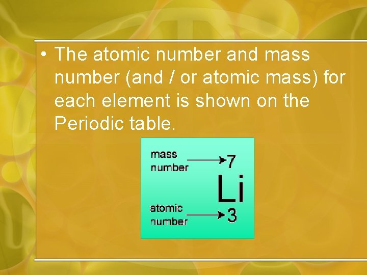  • The atomic number and mass number (and / or atomic mass) for