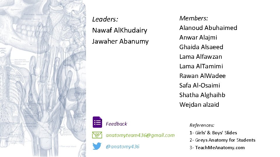 Leaders: Nawaf Al. Khudairy Jawaher Abanumy Feedback anatomyteam 436@gmail. com @anatomy 436 Members: Alanoud