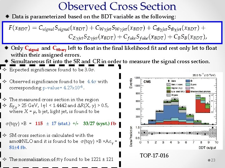 Observed Cross Section Data is parameterized based on the BDT variable as the following:
