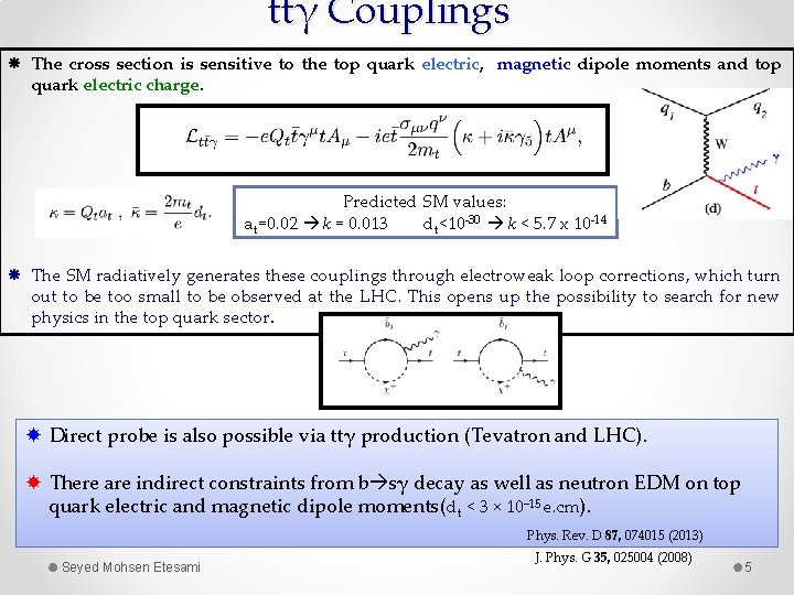 ttγ Couplings The cross section is sensitive to the top quark electric, magnetic dipole