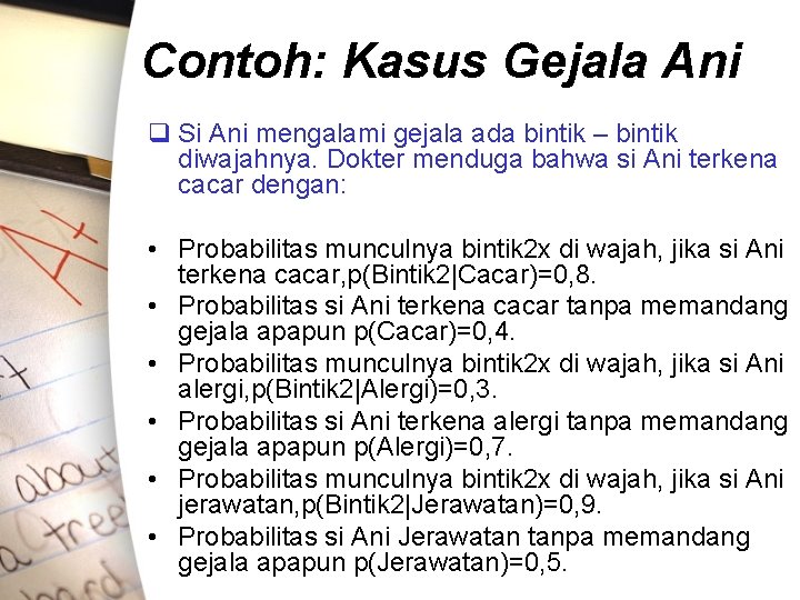 Contoh: Kasus Gejala Ani q Si Ani mengalami gejala ada bintik – bintik diwajahnya.