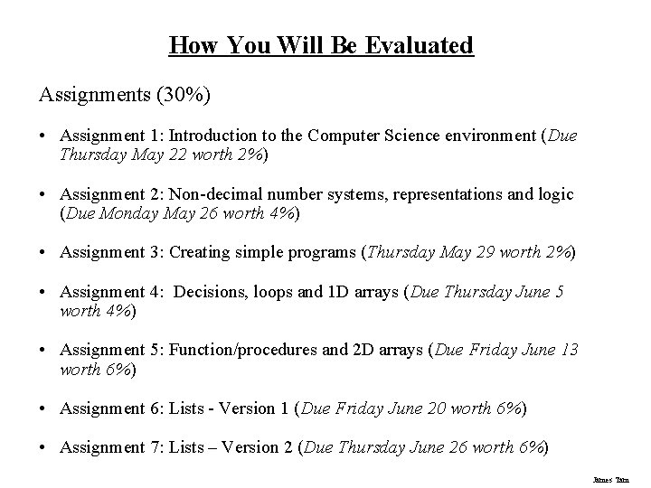 How You Will Be Evaluated Assignments (30%) • Assignment 1: Introduction to the Computer