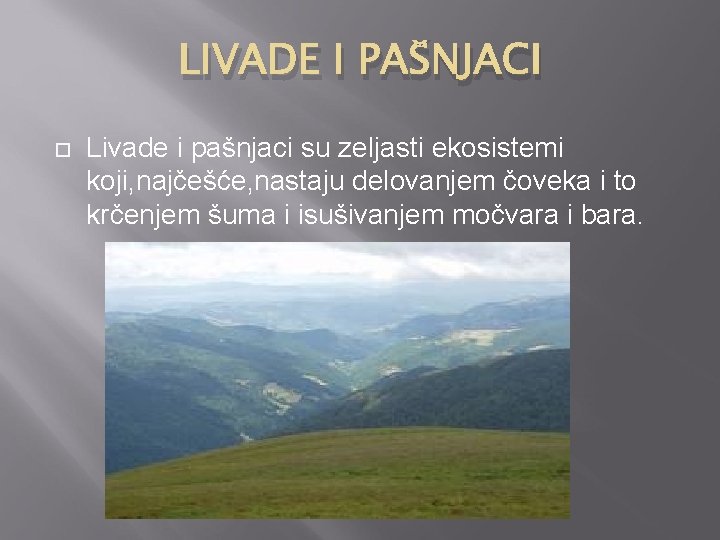 LIVADE I PAŠNJACI Livade i pašnjaci su zeljasti ekosistemi koji, najčešće, nastaju delovanjem čoveka