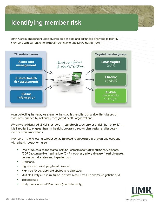 Identifying member risk UMR Care Management uses diverse sets of data and advanced analyses Identifying member risk UMR Care Management uses diverse sets of data and advanced analyses