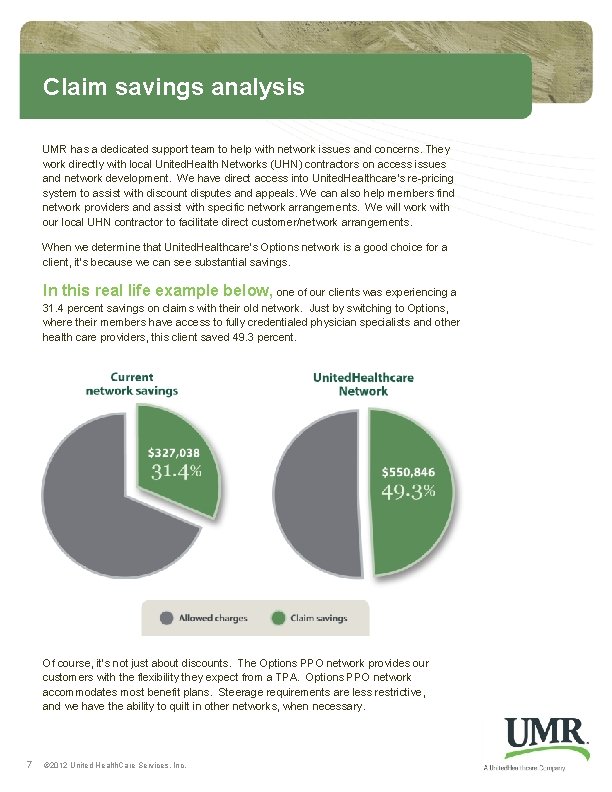 Claim savings analysis UMR has a dedicated support team to help with network issues Claim savings analysis UMR has a dedicated support team to help with network issues