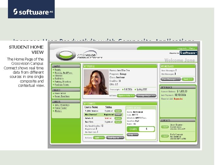Increase User Productivity with Composite Applications STUDENT HOME VIEW The Home Page of the