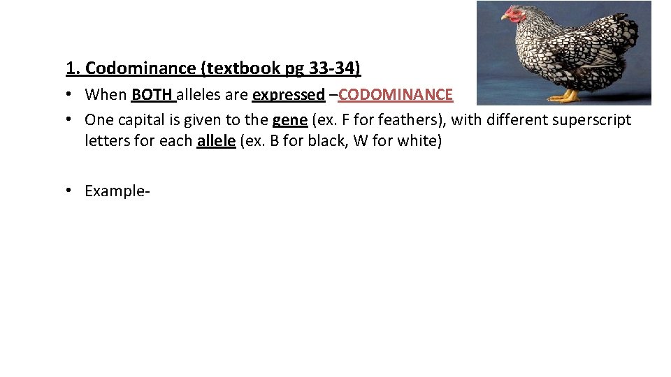1. Codominance (textbook pg 33 34) • When BOTH alleles are expressed –CODOMINANCE •