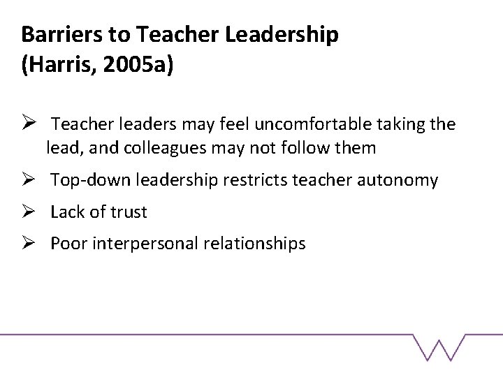 Barriers to Teacher Leadership (Harris, 2005 a) Ø Teacher leaders may feel uncomfortable taking