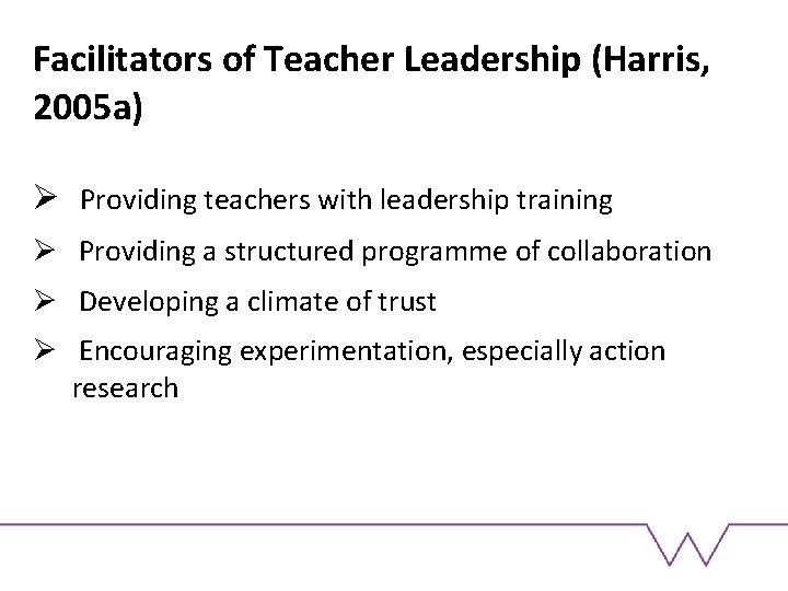 Facilitators of Teacher Leadership (Harris, 2005 a) Ø Providing teachers with leadership training Ø