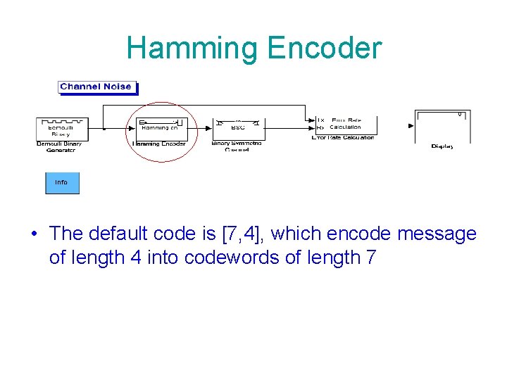Hamming Encoder • The default code is [7, 4], which encode message of length