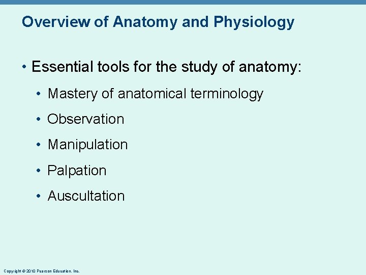 Overview of Anatomy and Physiology • Essential tools for the study of anatomy: •