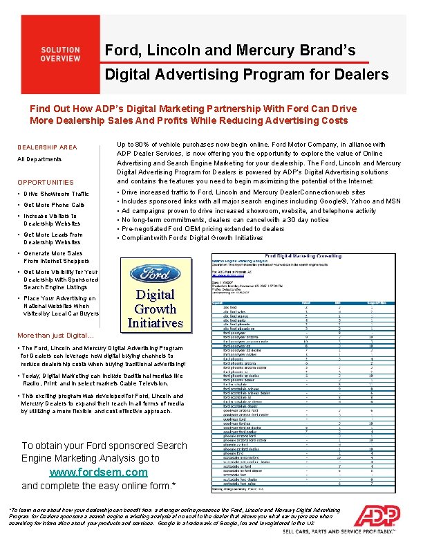 Ford, Lincoln and Mercury Brand’s Digital Advertising Program for Dealers Find Out How ADP’s