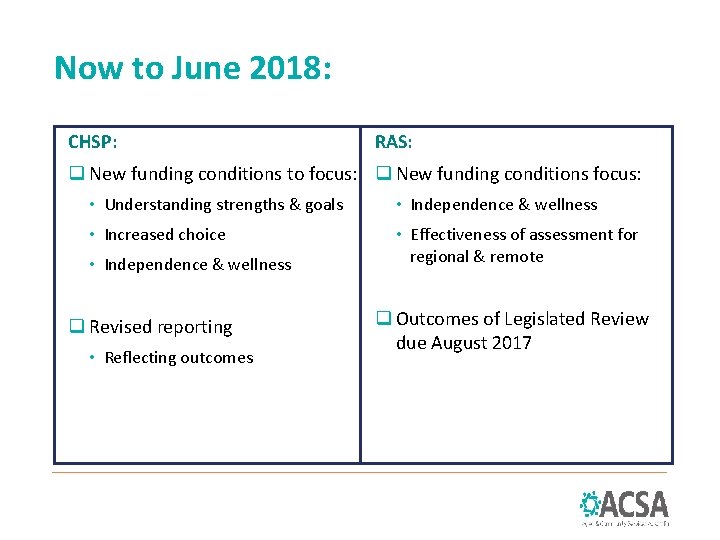 Now to June 2018: CHSP: RAS: q New funding conditions to focus: q New