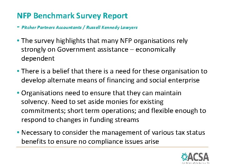 NFP Benchmark Survey Report - Pitcher Partners Accountants / Russell Kennedy Lawyers • The