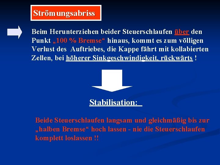 Strömungsabriss Beim Herunterziehen beider Steuerschlaufen über den Punkt „ 100 % Bremse“ hinaus, kommt