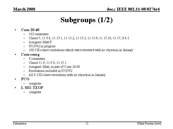 March 2008 doc. : IEEE 802. 11 -08/0276 r 4 Subgroups (1/2) • Coex
