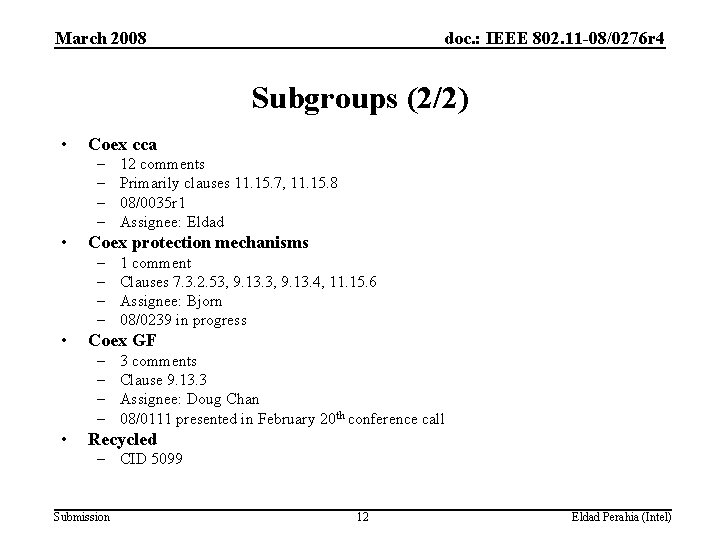 March 2008 doc. : IEEE 802. 11 -08/0276 r 4 Subgroups (2/2) • Coex