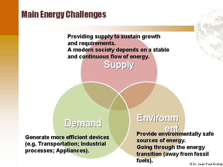 Main Energy Challenges Providing supply to sustain growth and requirements. A modern society depends