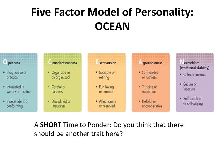 Five Factor Model of Personality: OCEAN A SHORT Time to Ponder: Do you think