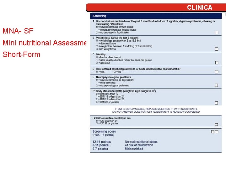 CLINICA MNA- SF Mini nutritional Assessment Short-Form 