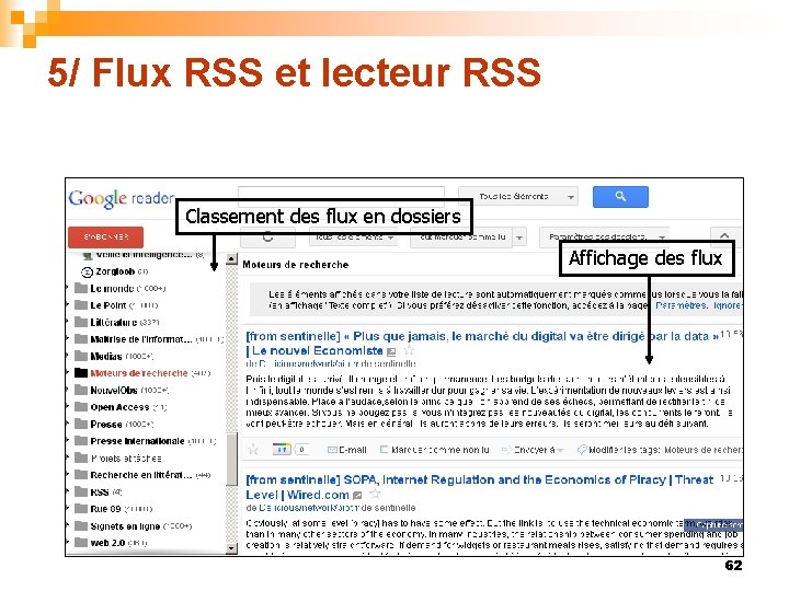 5/ Flux RSS et lecteur RSS Classement des flux en dossiers Affichage des flux
