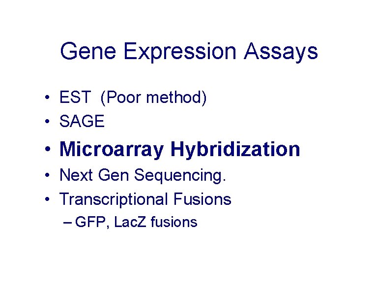 Gene Expression Assays • EST (Poor method) • SAGE • Microarray Hybridization • Next
