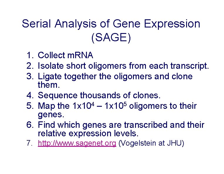 Serial Analysis of Gene Expression (SAGE) 1. Collect m. RNA 2. Isolate short oligomers