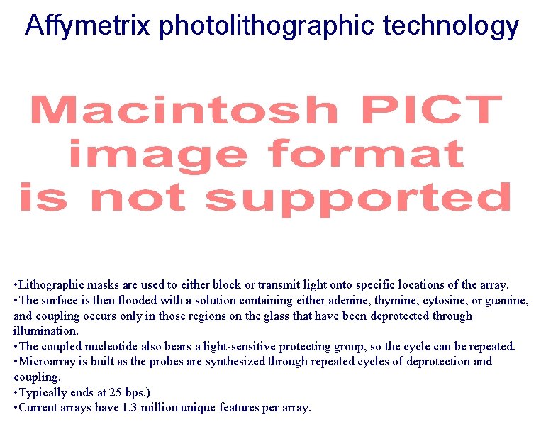 Affymetrix photolithographic technology • Lithographic masks are used to either block or transmit light