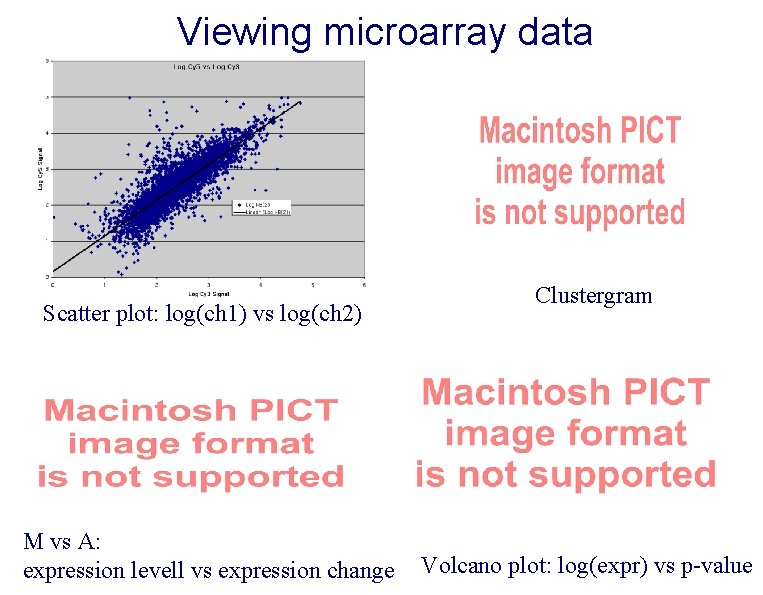 Viewing microarray data Scatter plot: log(ch 1) vs log(ch 2) M vs A: expression