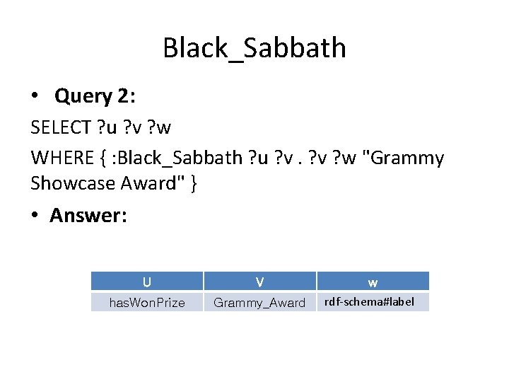 Black_Sabbath • Query 2: SELECT ? u ? v ? w WHERE { :