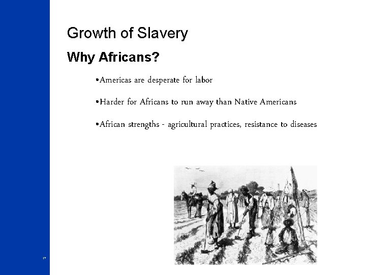 Growth of Slavery Why Africans? • Americas are desperate for labor • Harder for