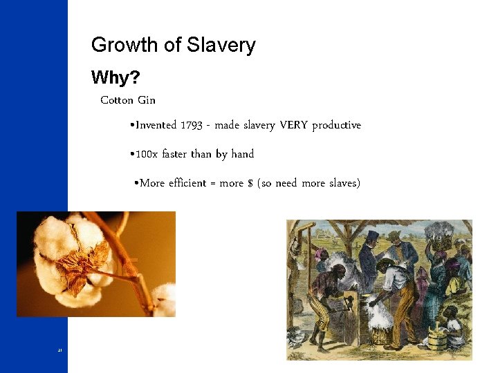 Growth of Slavery Why? Cotton Gin • Invented 1793 - made slavery VERY productive