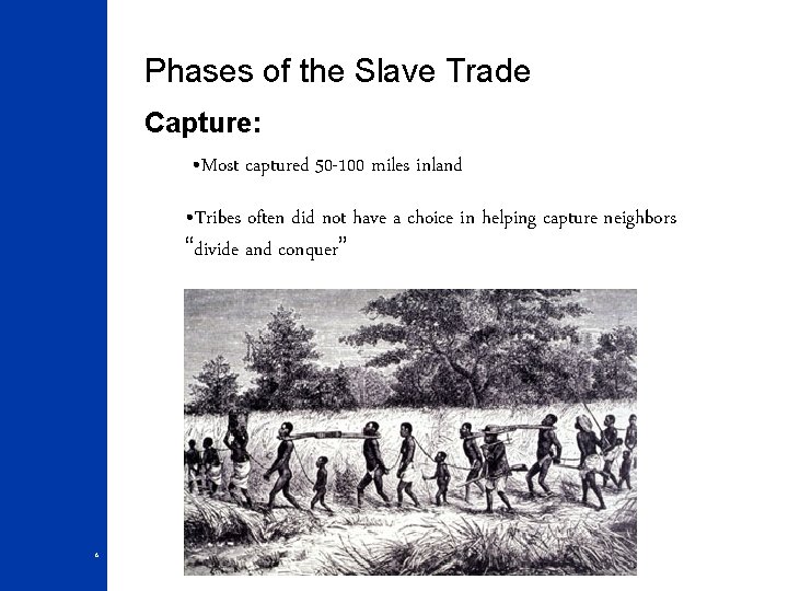 Phases of the Slave Trade Capture: • Most captured 50 -100 miles inland •